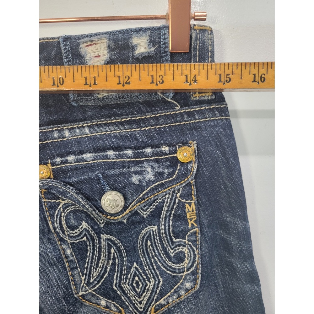 MEK‎ Denim Oaxaca Women 26/34 Dark Wash Distressed Embroidered Bootcut Jeans - Picture 5 of 8